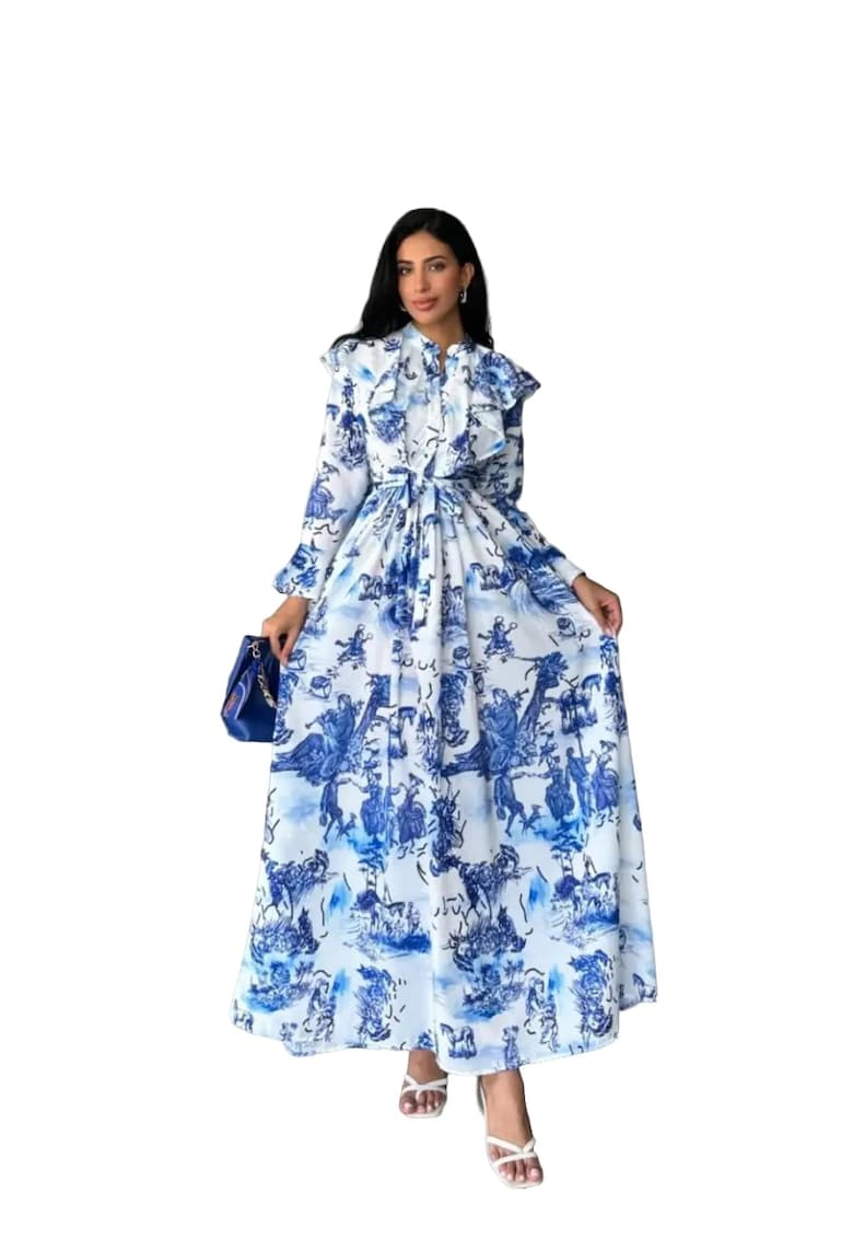 Rochie Maxi - Imprimata cu Volane - Albastru - Poliester-Bumbac