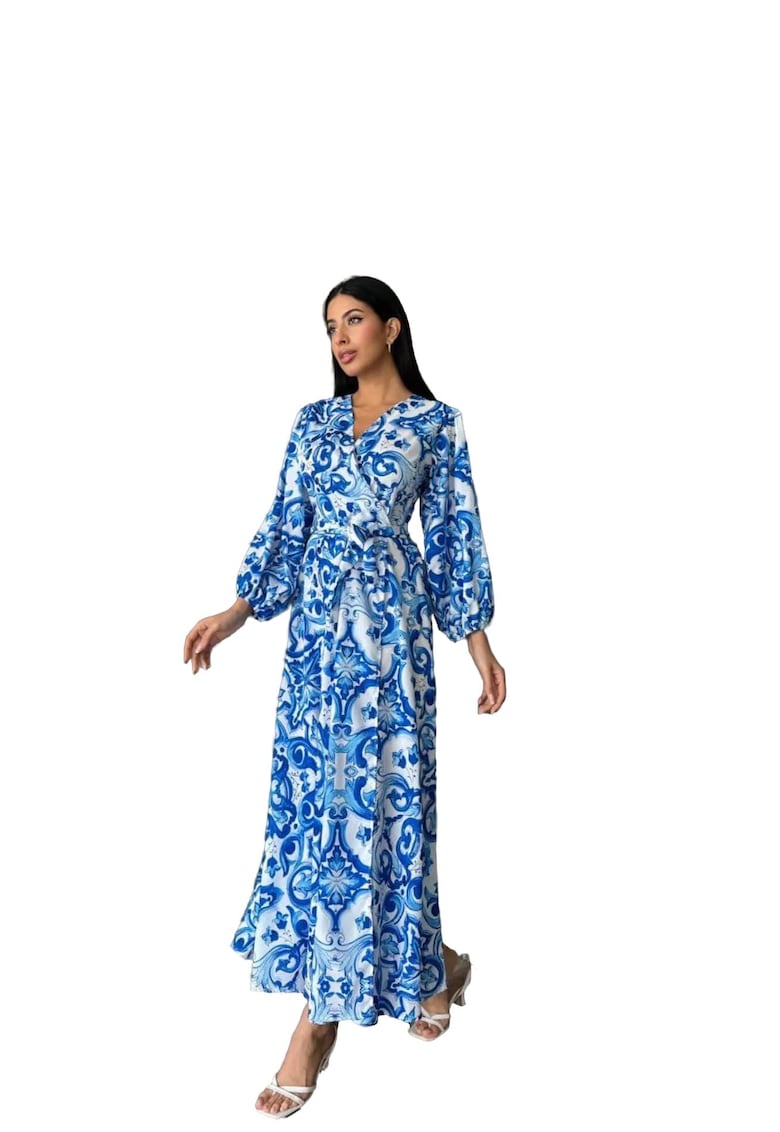 Rochie Maxi - Imprimata - Albastru - Poliester/Lycra