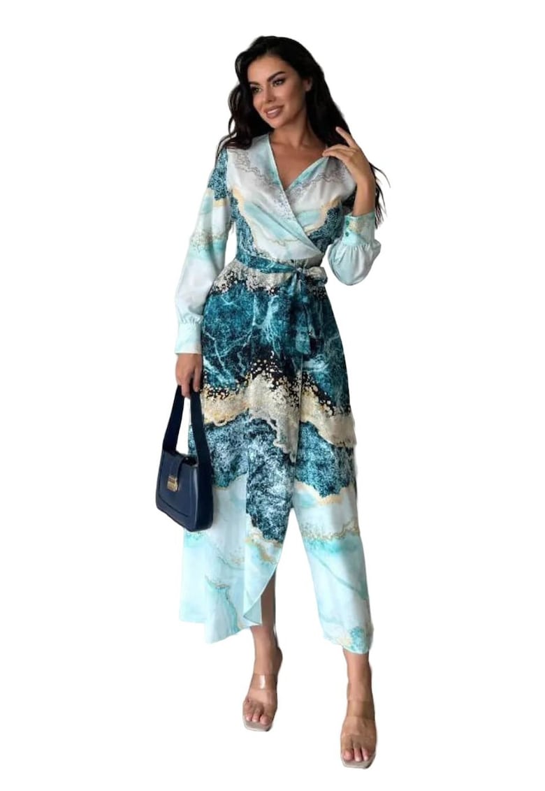 Rochie Maxi - imprimeu abstract - detaliu cordon - verde - poliester/lycra