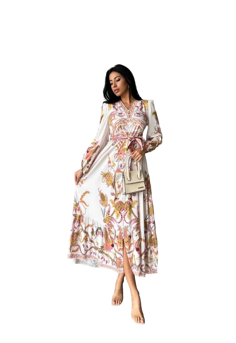 Rochie Maxi - Imprimata - Decolteu in V - Curea - Poliester-Bumbac