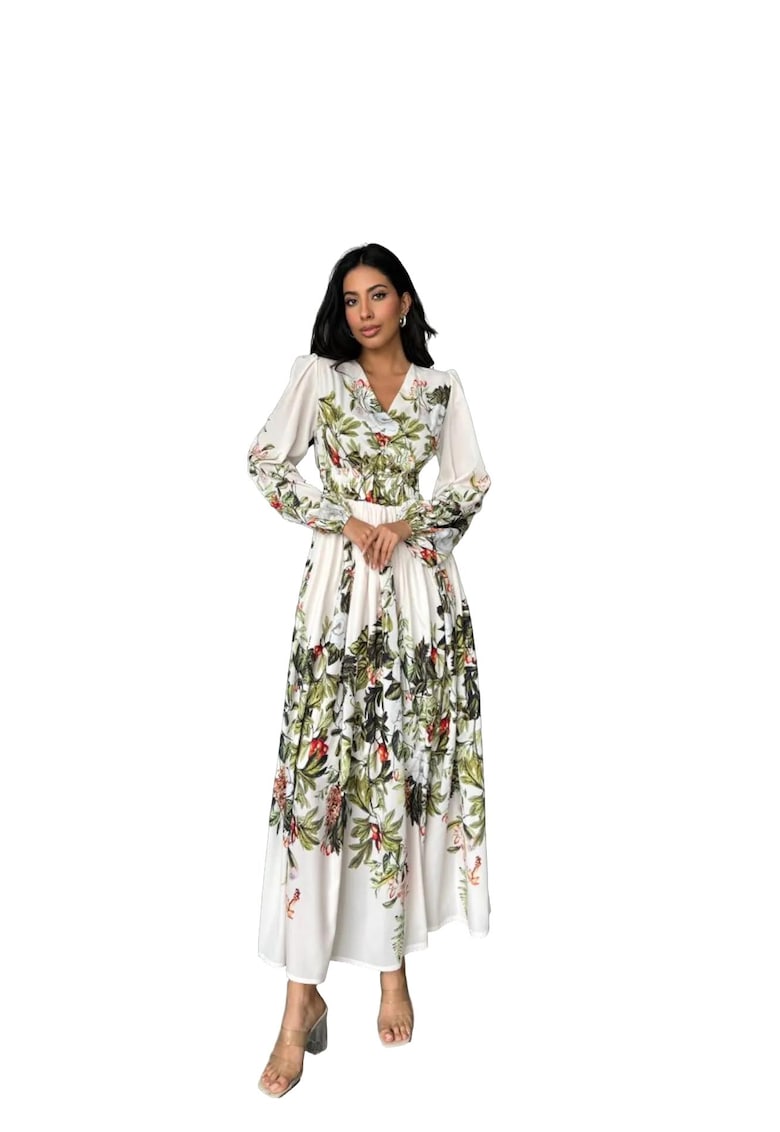 Rochie Maxi - Floral - Decolteu in V - Maneci Lungi - Natural - Poliester-Lycra