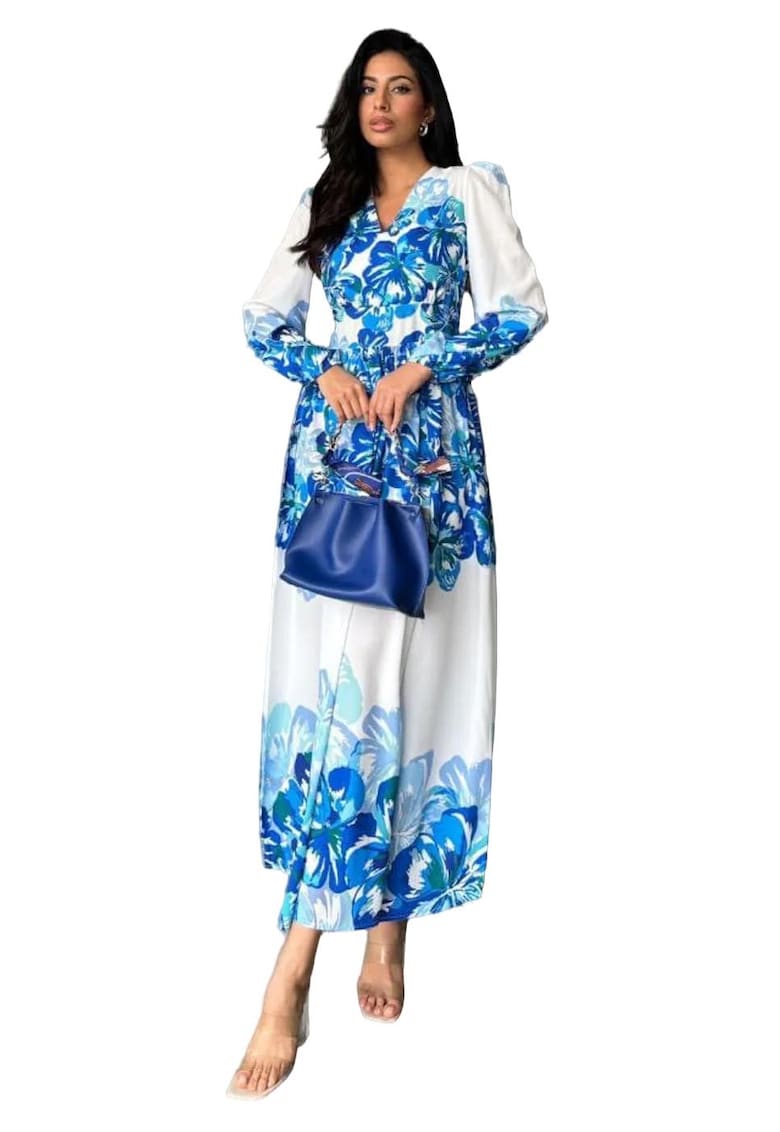 Rochie Maxi - Floral - Albastru - Poliester/Bumbac