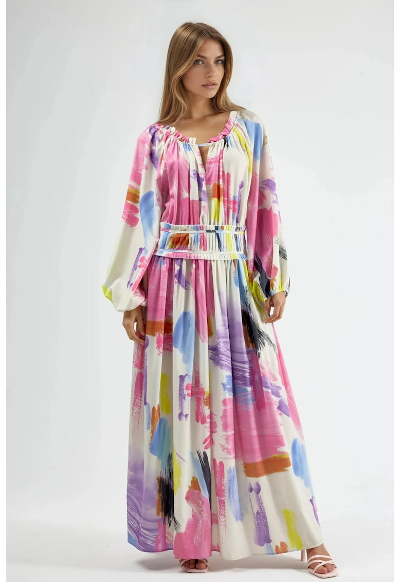 Rochie Maxi - imprimeu abstract - roz - poliester/lycra