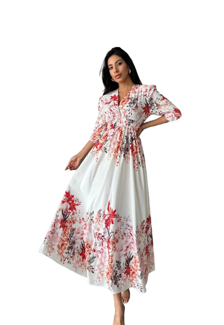 Rochie maxi - floral - decolteu in V - alb - poliester/lycra