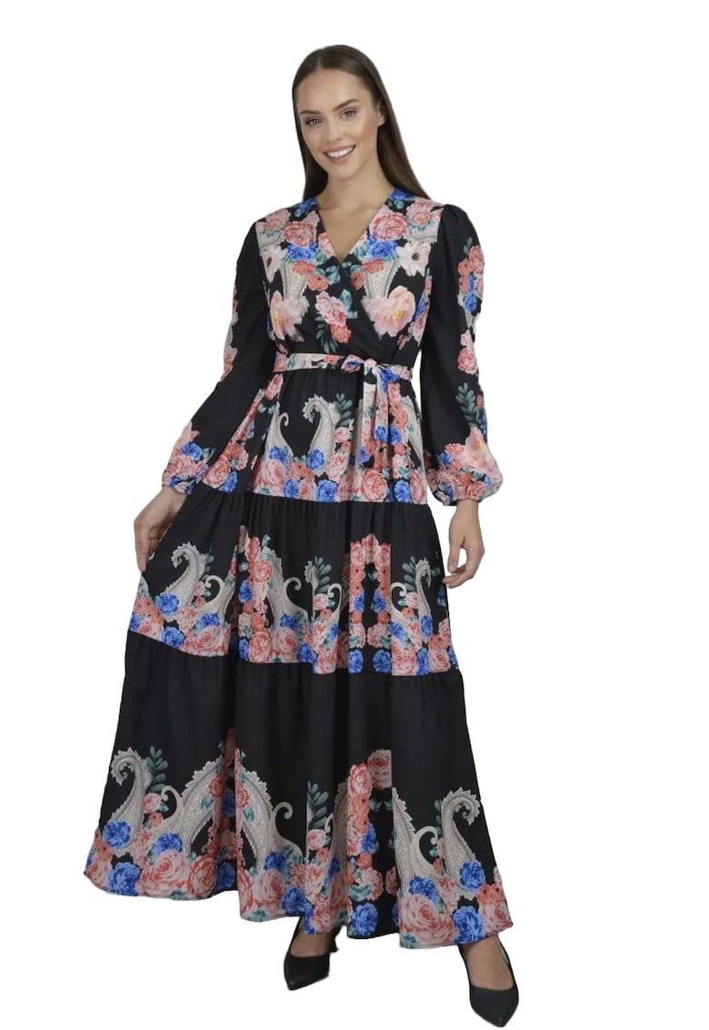 Rochie Maxi - imprimeu floral - decolteu in V - negru