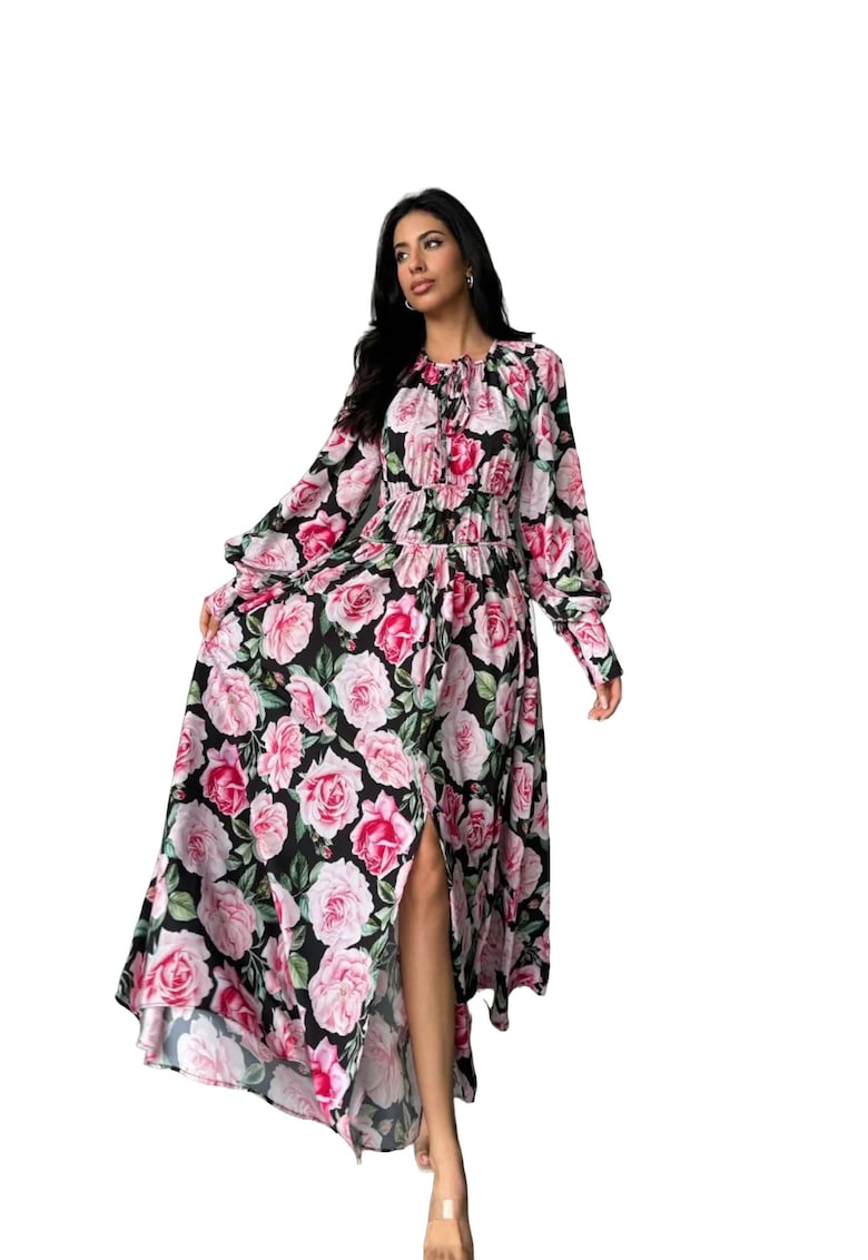 Rochie Maxi Florala MSN - maneci lungi - guler elegant - multicolor - poliester-lycra