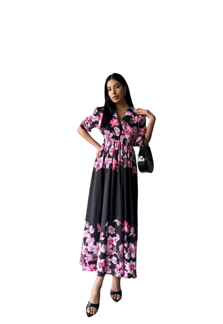 Rochie maxi - florala - decolteu in V - maneci trei sferturi - negru - poliester/lycra