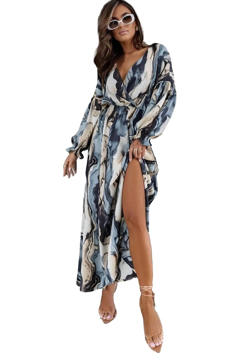 Rochie Maxi - abstracta cu slit si decolteu in V - poliester-bumbac-lycra