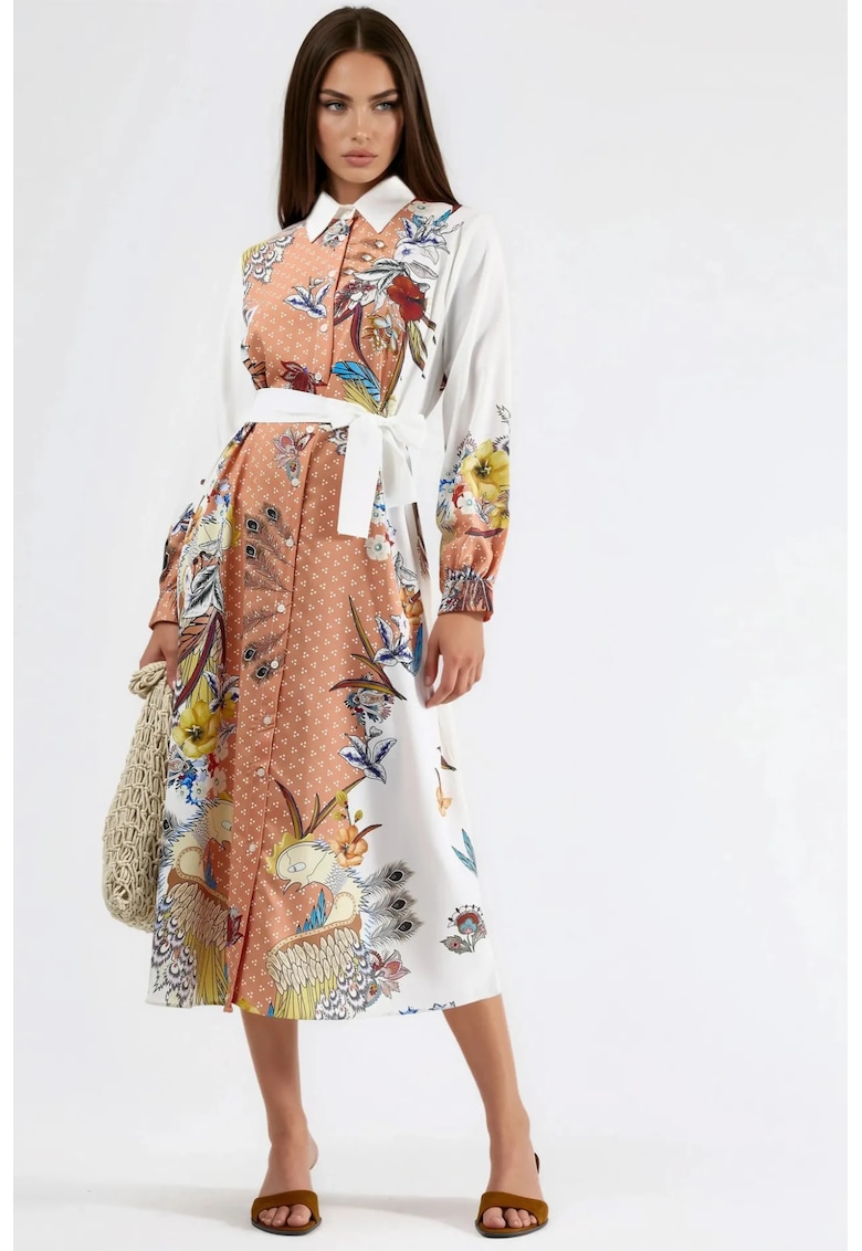 Rochie maxi - florala - cu guler de camasa - multicolor