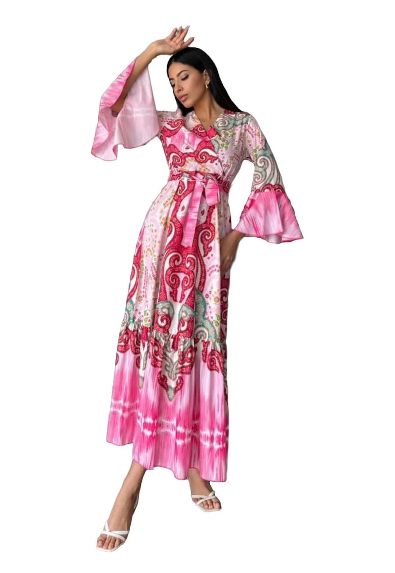 Rochie Maxi - cu gat in V - roz - bumbac - poliester