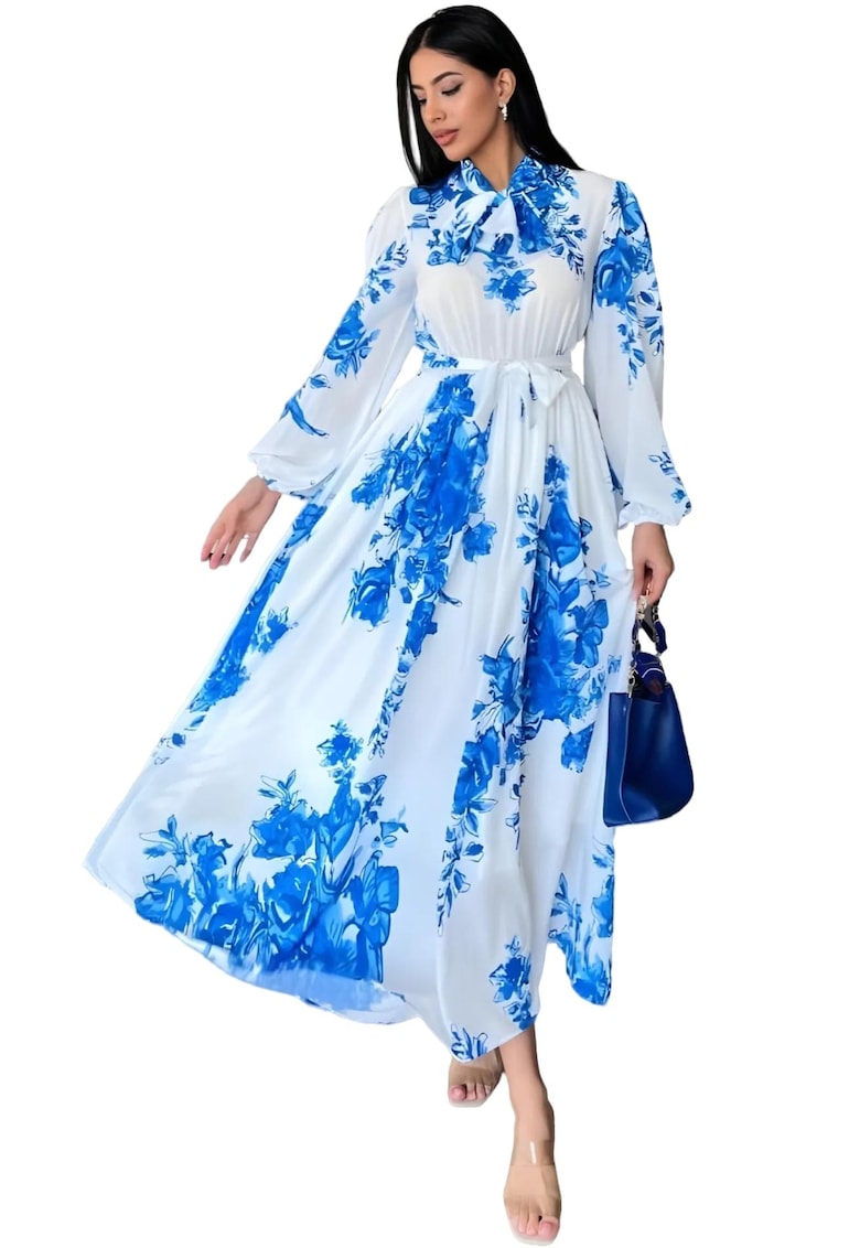 Rochie Maxi - cu Curea si Guler Camasa - Alb - Poliester-Bumbac