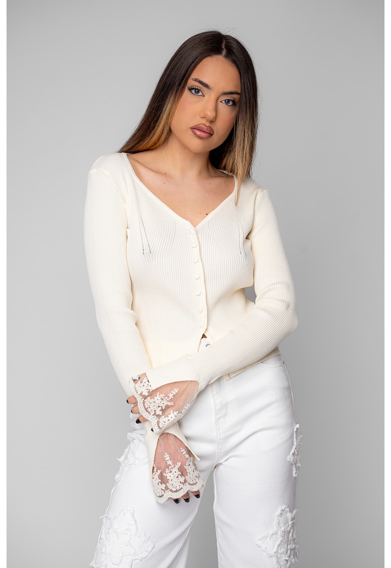 Bluza tricotata cu maneci evazate cu dantela 20376 - Cream White