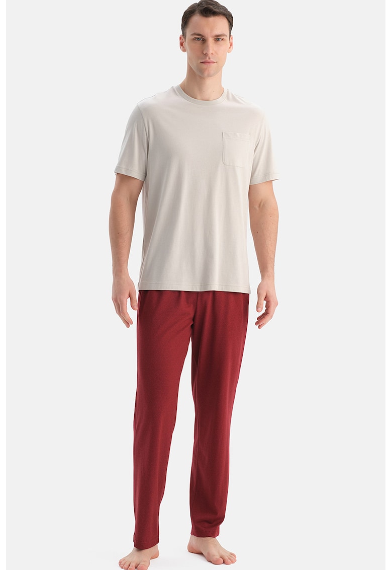 Pijama uni de bumbac si modal - Gri deschis/Rosu inchis