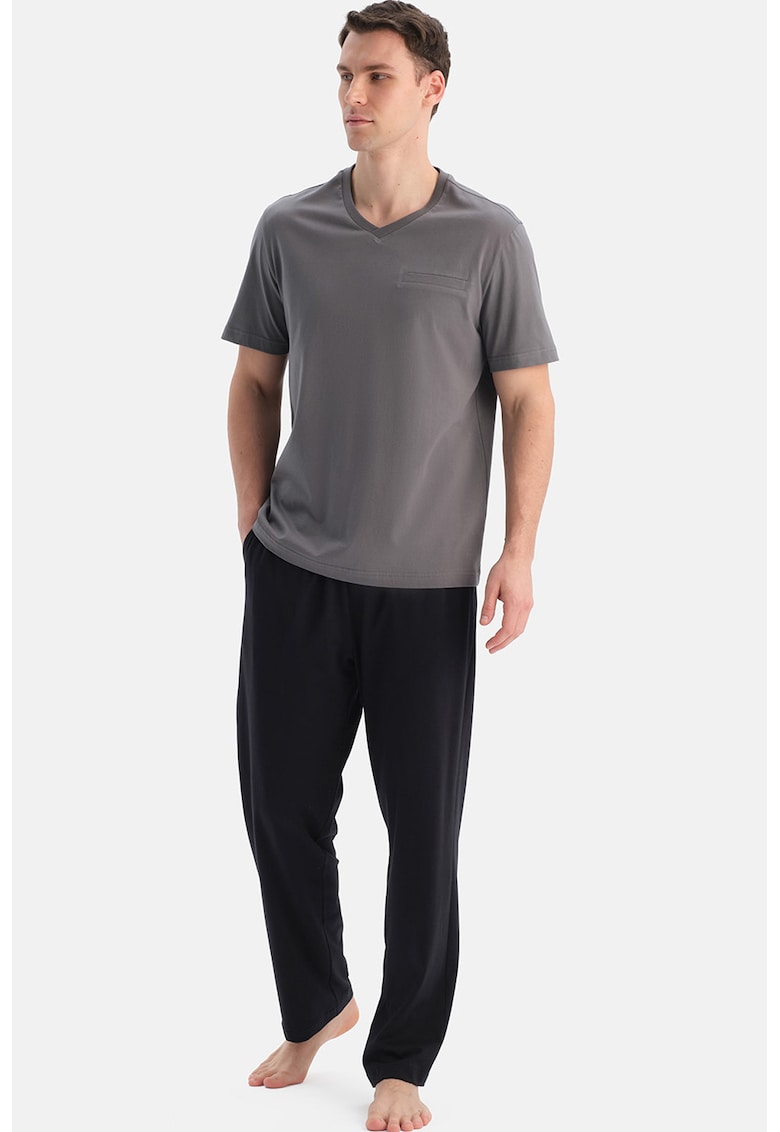 Pijama uni de bumbac cu decolteu in V - Gri/Gri antracit