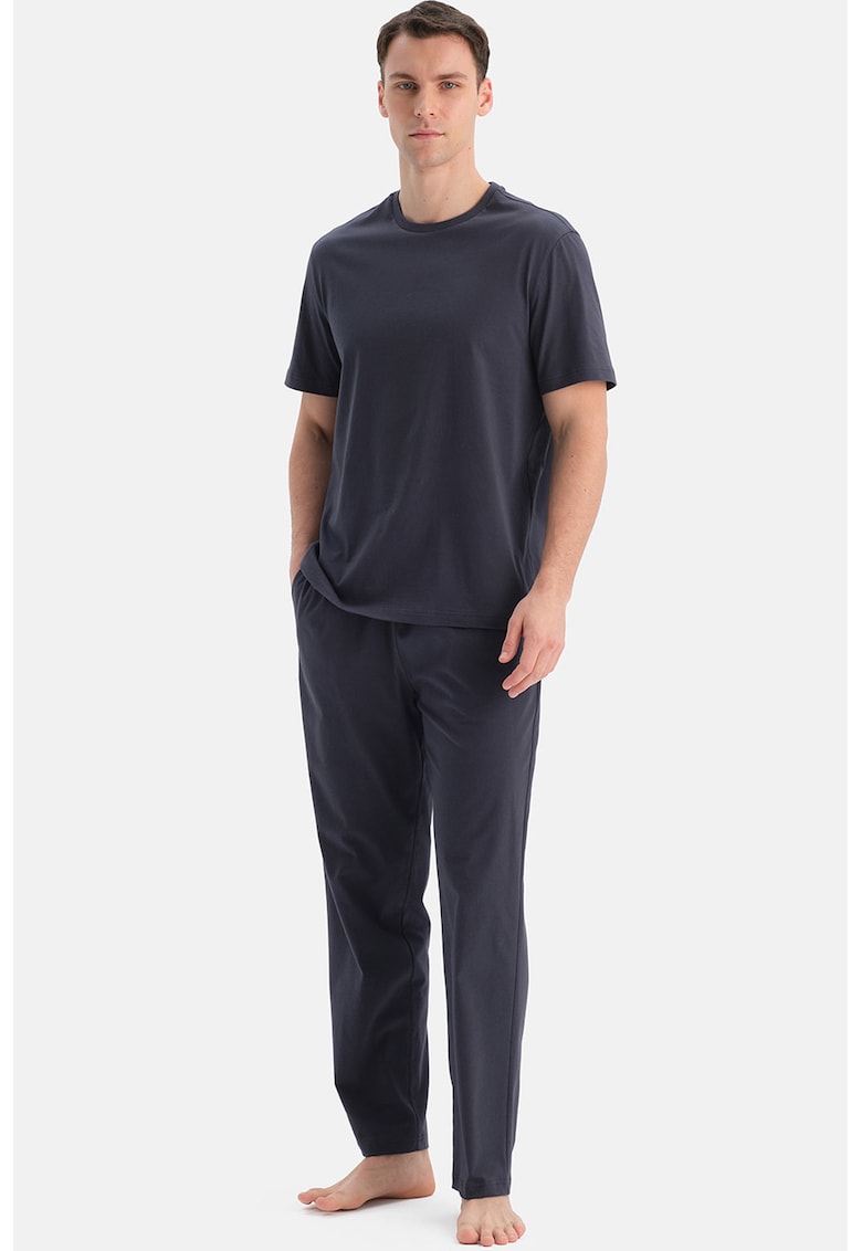 Pijama uni de bumbac cu decolteu la baza gatului - Gri carbune