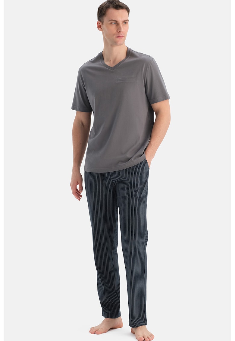 Pijama de bumbac cu decolteu in V - Gri/Gri antracit