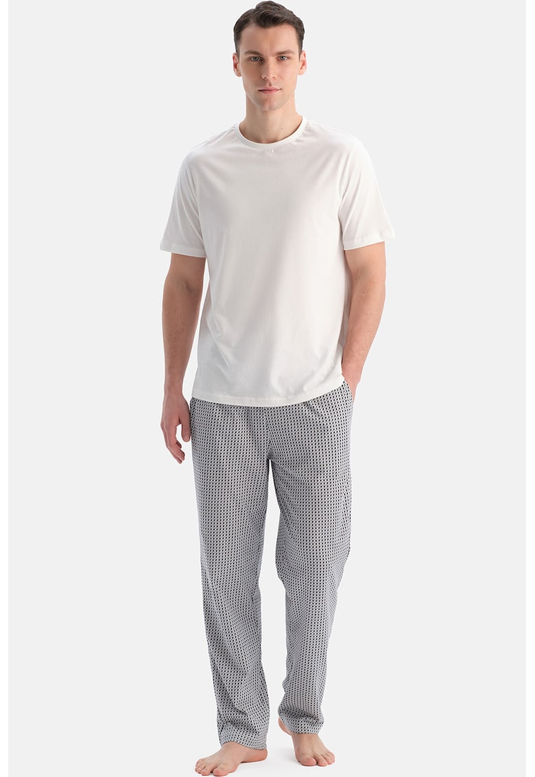 Pijama de bumbac cu imprimeu si decolteu rotund - Alb/Gri deschis
