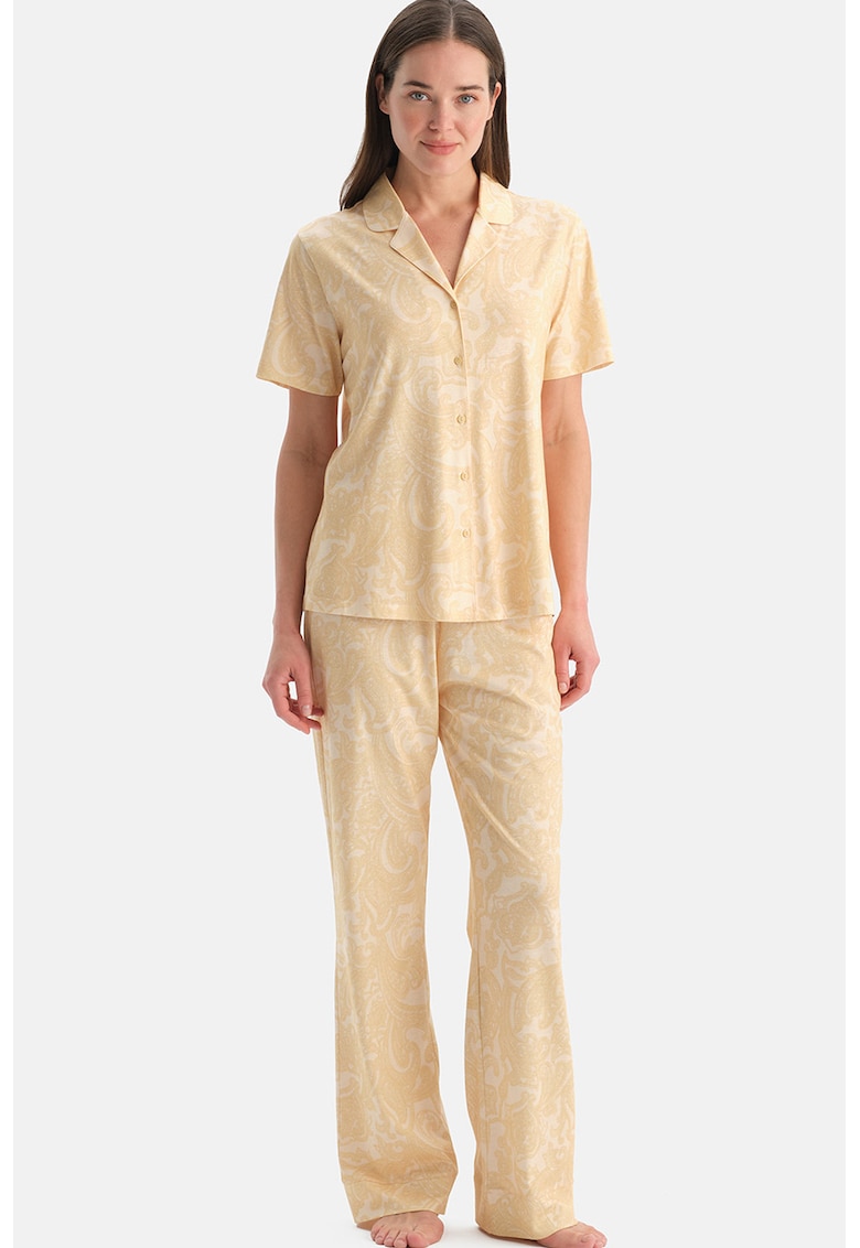 Pijama din amestec de modal cu pantaloni lungi si model paisley - Galben deschis