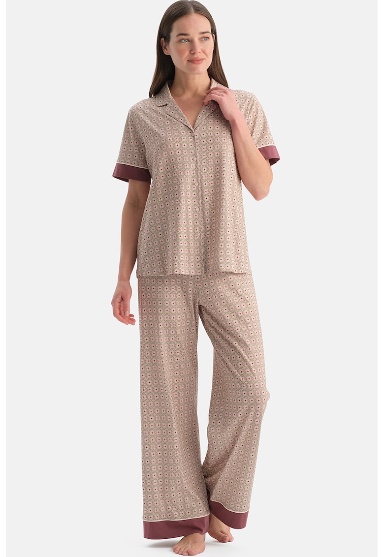 Pijama din amestec de modal cu pantaloni lungi si model geometric - Roz prafuit