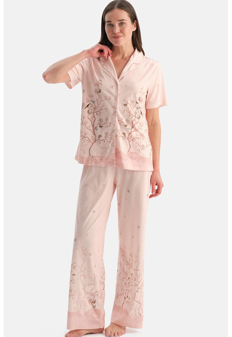 Pijama din amestec de modal cu pantaloni lungi si imprimeu floral - Roz deschis
