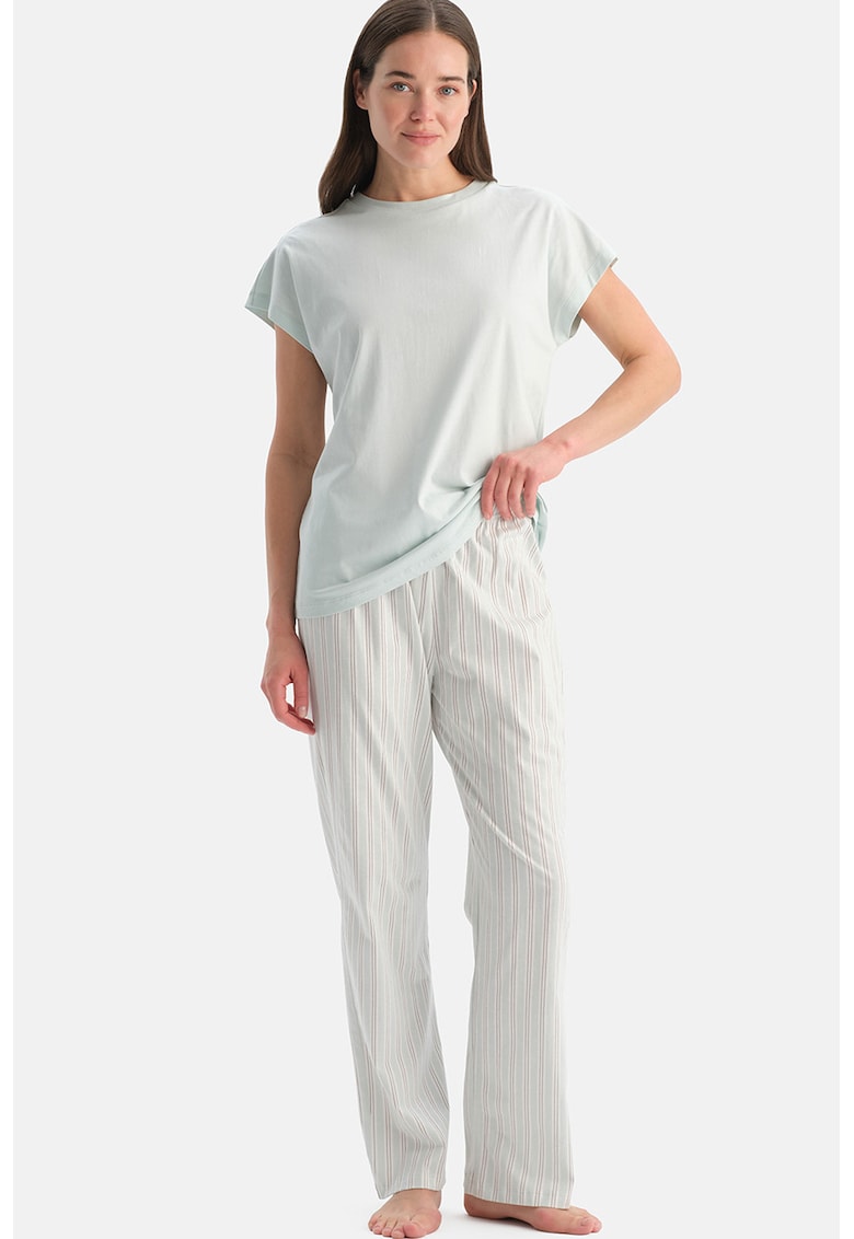 Pijama de bumbac cu pantaloni lungi cu dungi - Verde pal