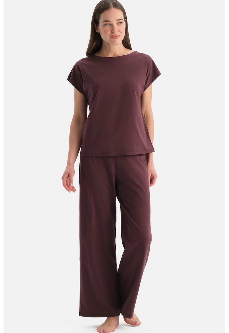 Pijama uni de bumbac cu pantaloni lungi - Maro