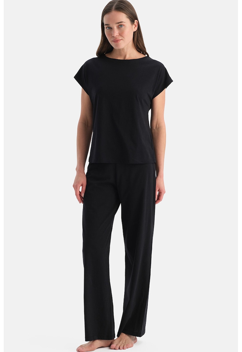 Pijama uni de bumbac cu pantaloni lungi - Negru