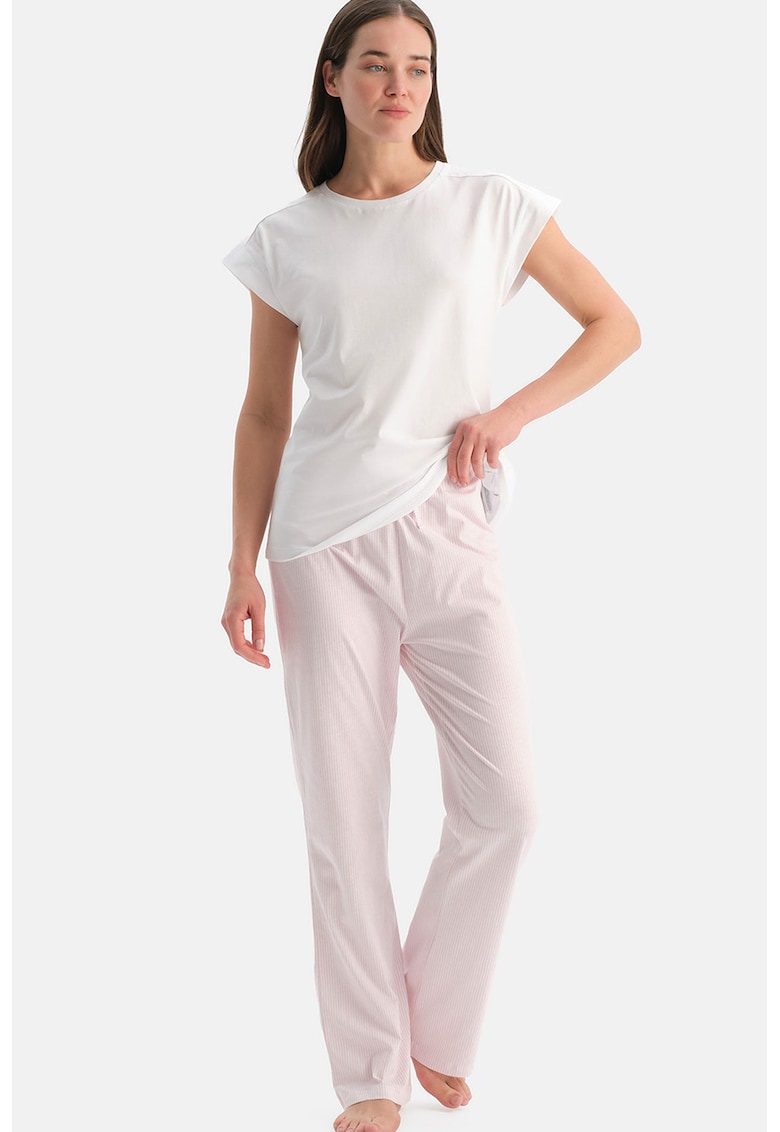Pijama de bumbac cu pantaloni lungi cu dungi - Alb
