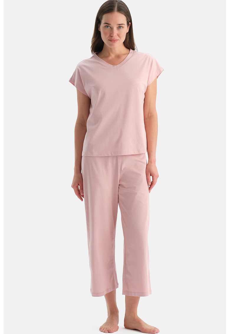 Pijama de bumbac cu decolteu in V - Roz deschis