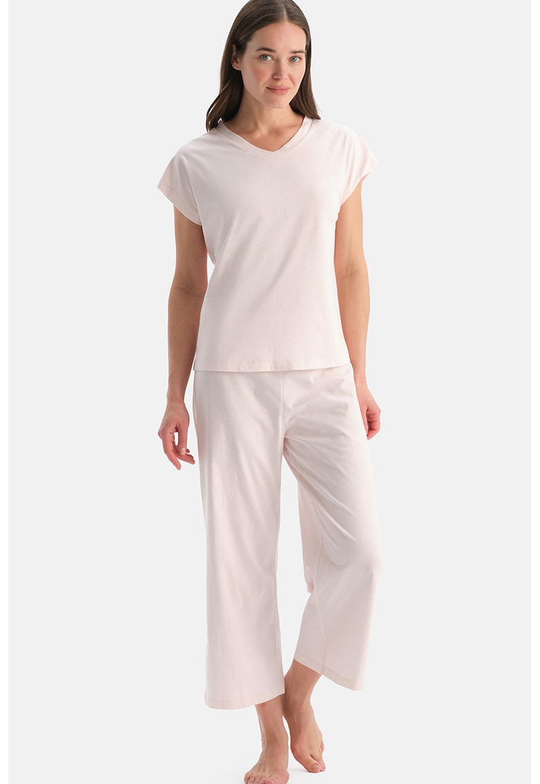 Pijama de bumbac cu decolteu in V - Roz pal