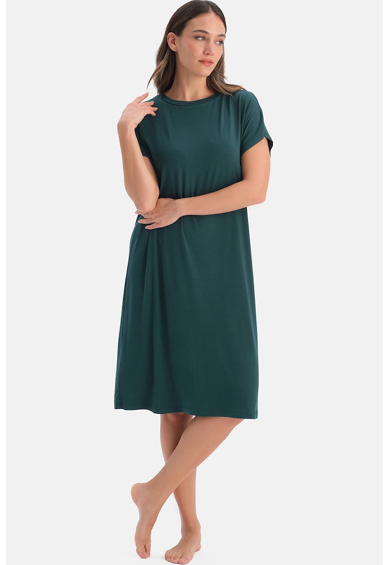 Camasa de noapte din amestec de modal cu slituri laterale - Verde inchis