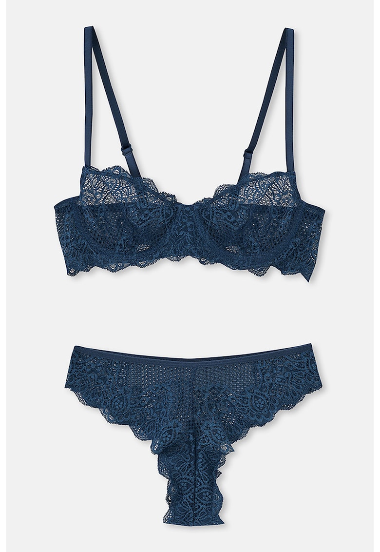Set de sutien balconette din dantela si chiloti brazilieni - 2 piese - Albastru inchis