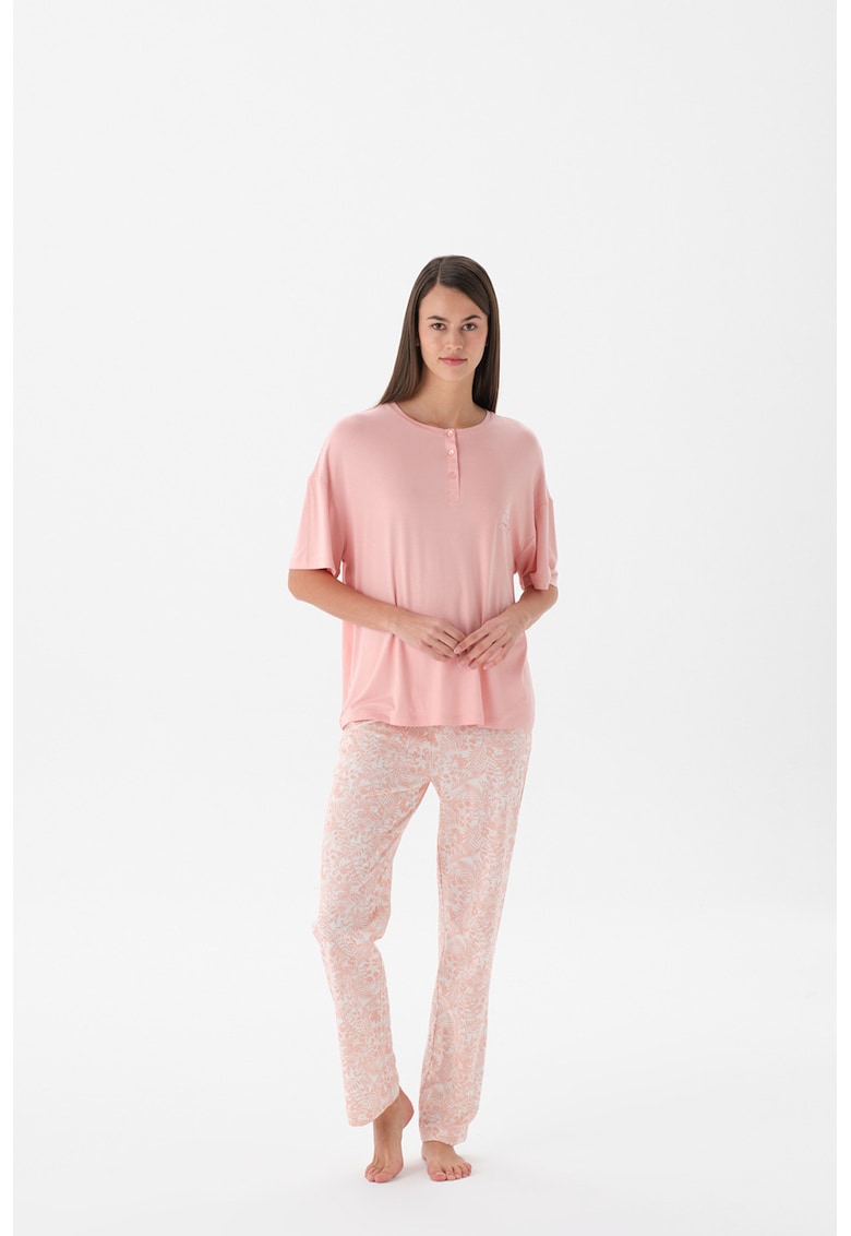 Pijama din bumbac cu maneci scurte - Roz deschis/Roz somon