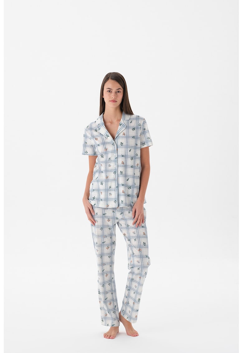 Pijama cu nasturi si model in carouri - Alb/Albastru pastel