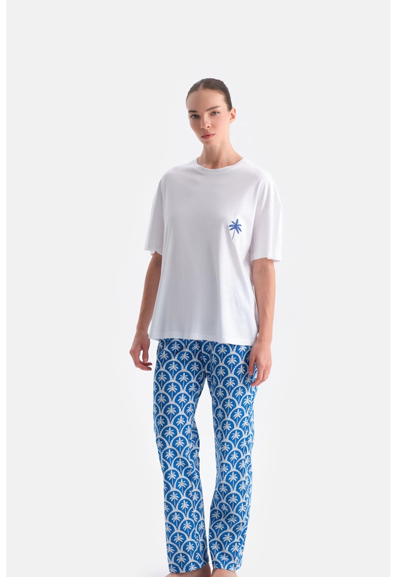 Pijama cu maneci scurte si imprimeu - Alb/Turcoaz