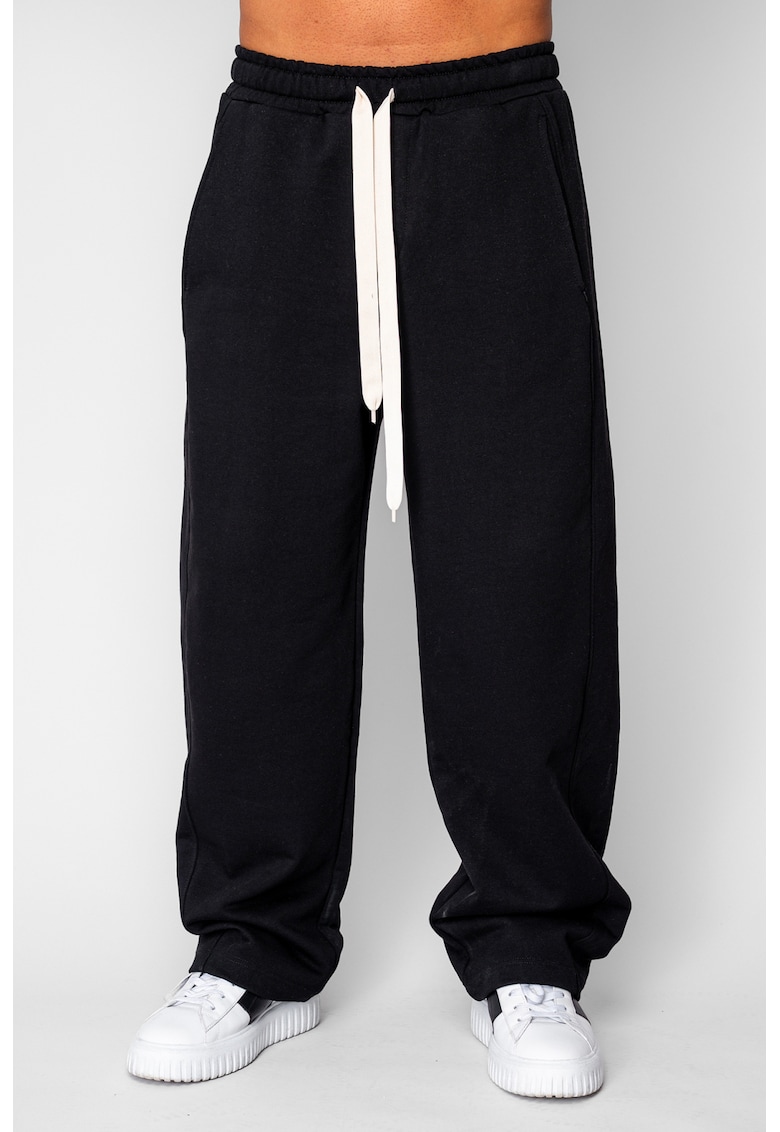 Pantaloni lung drept Oversized din 100% Bumbac Black 20582 - Negru