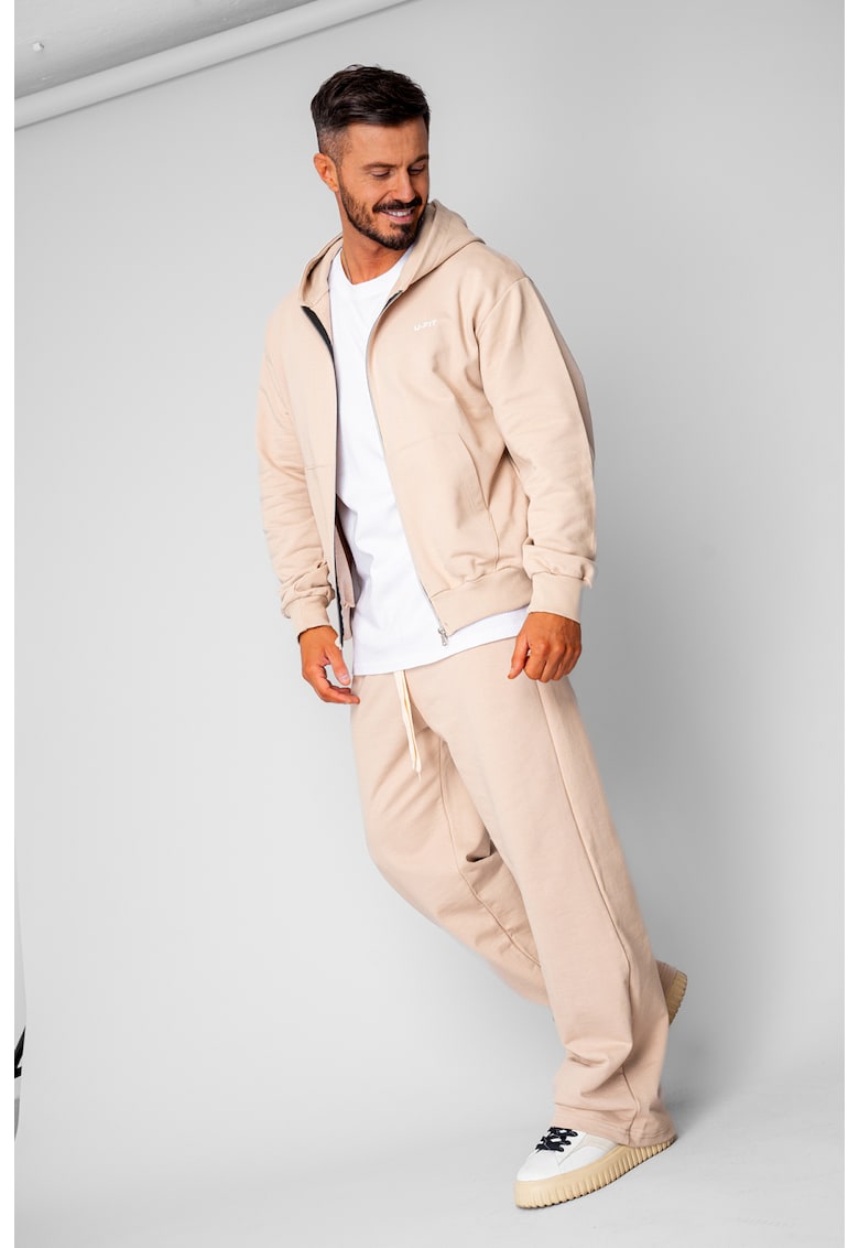 Set hanorac cu fermoar si pantalon drept din 100% Bumbac Beige 20602 - Bej