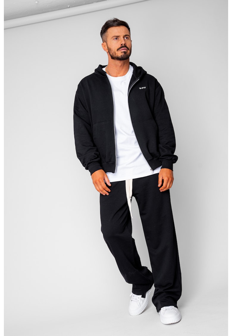 Set hanorac cu fermoar si pantalon drept din 100% Bumbac Black 20597 - Negru