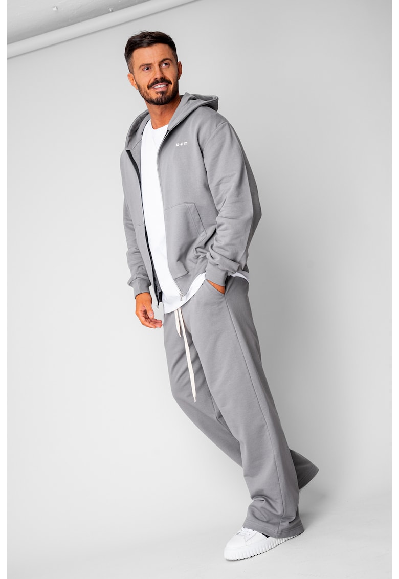 Set hanorac cu fermoar si pantalon drept din 100% Bumbac Grey 20607 - Gri