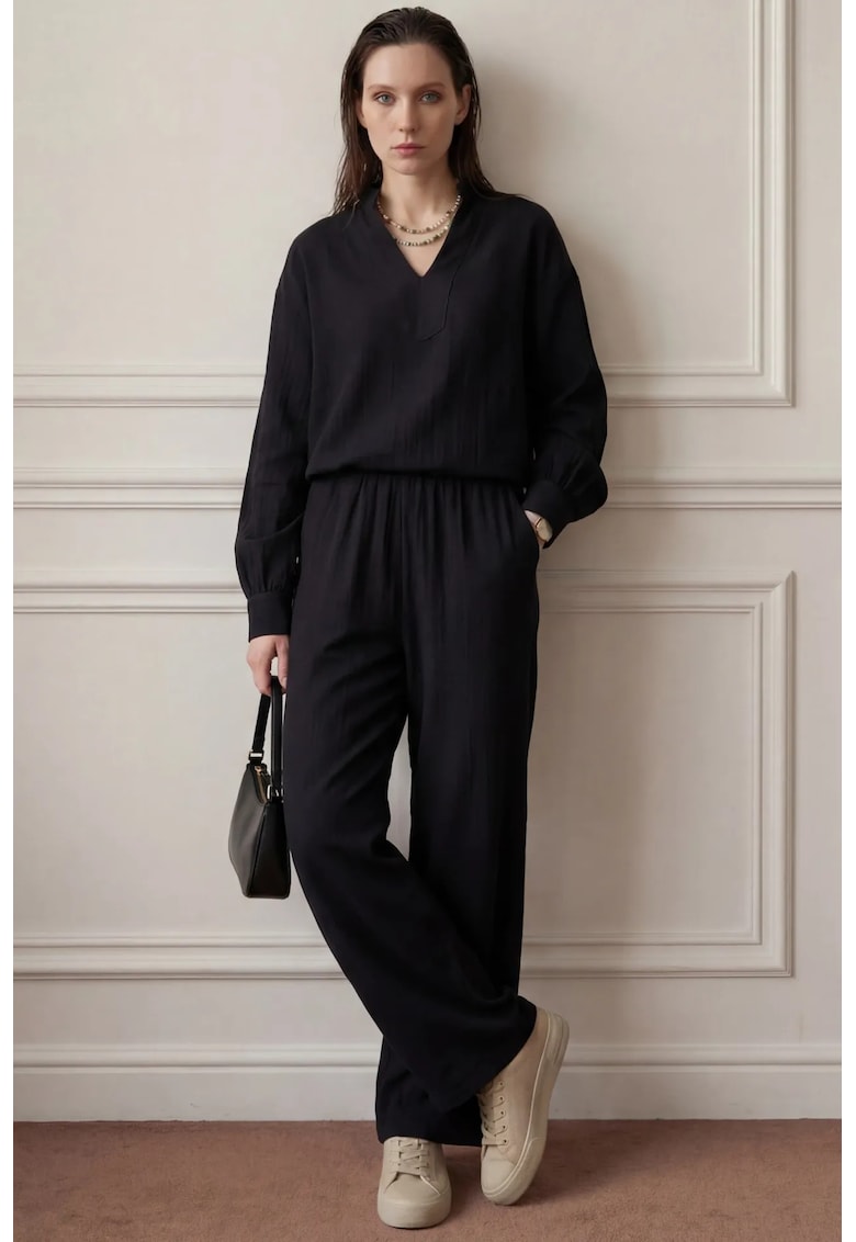 Costum dama - bluza cu decolteu in V - pantaloni largi - negru - bumbac