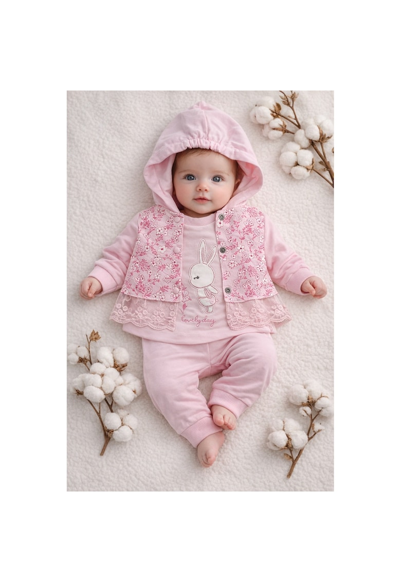 Set bebe fetite roz cu hanorac - bluza si pantaloni imprimeu iepuras