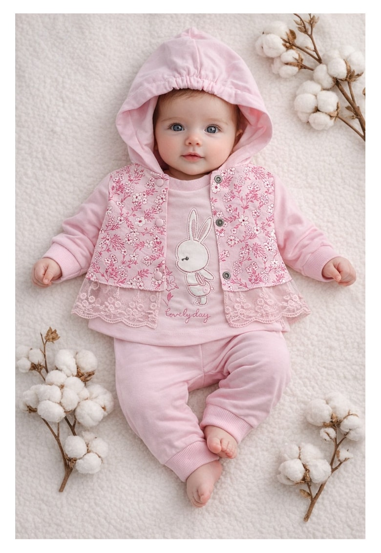 Set bebe fetite roz cu hanorac - bluza si pantaloni imprimeu iepuras