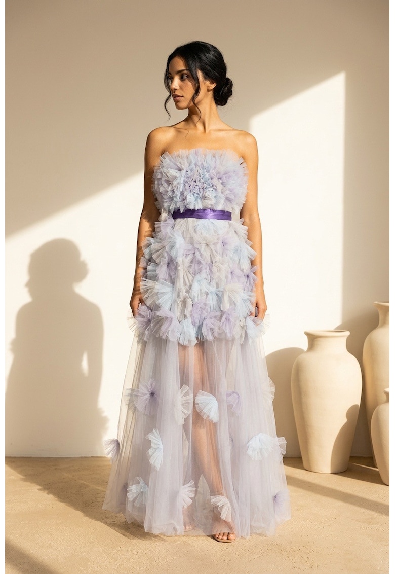 Rochie maxi cu aplicatii cu floare din tul Juliette - Lavanda prafuita