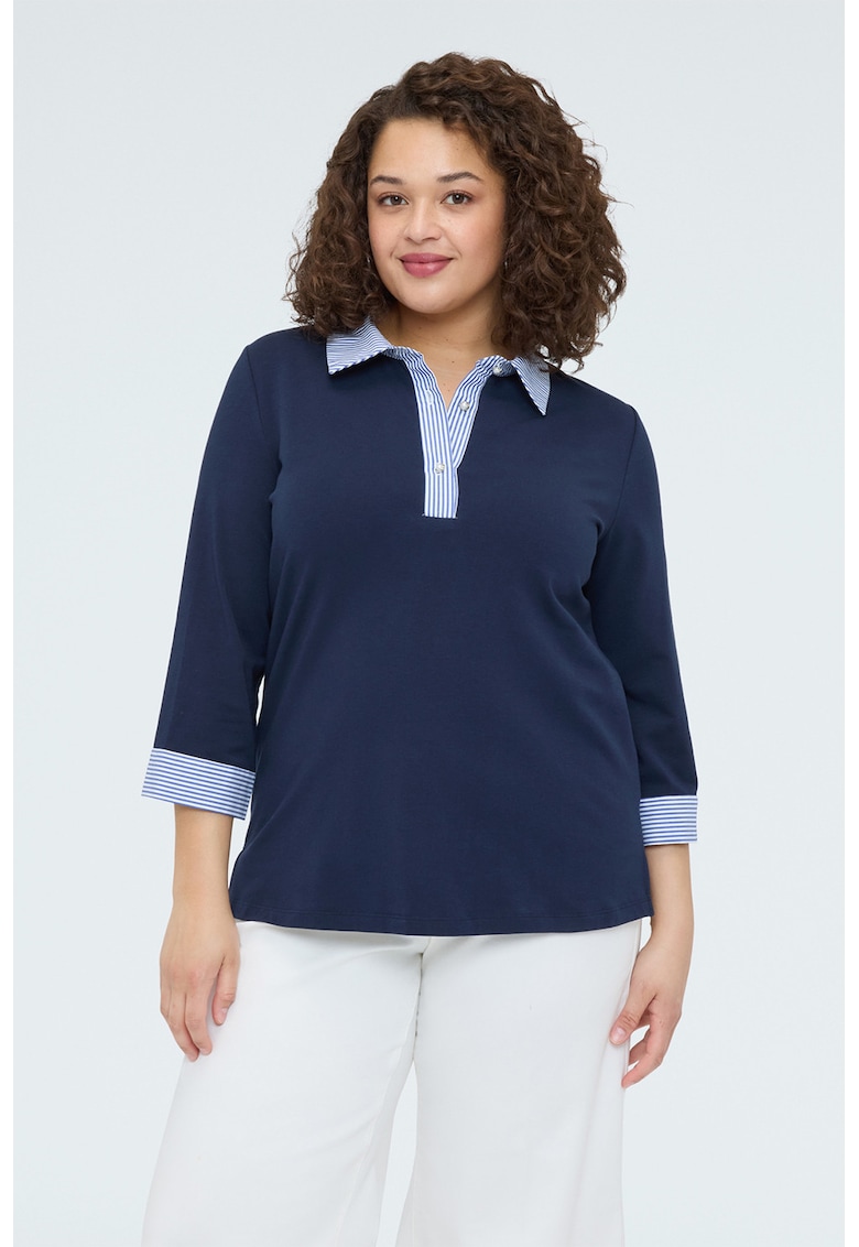 Bluza cu guler contrastant si mansete - Albastru indigo