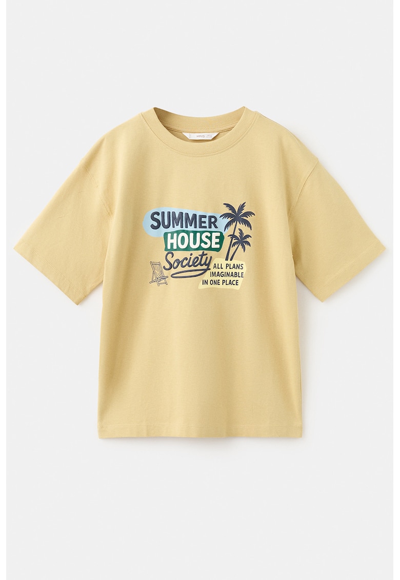 Tricou cu imprimeu tropical si text - Verde/Portocaliu pal/Bleumarin