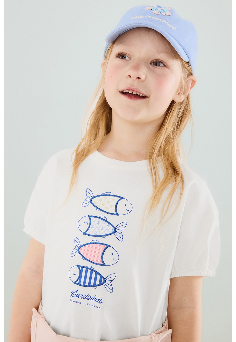 Tricou cu imprimeu si maneci bufante - Alb/Albastru royal/Roz