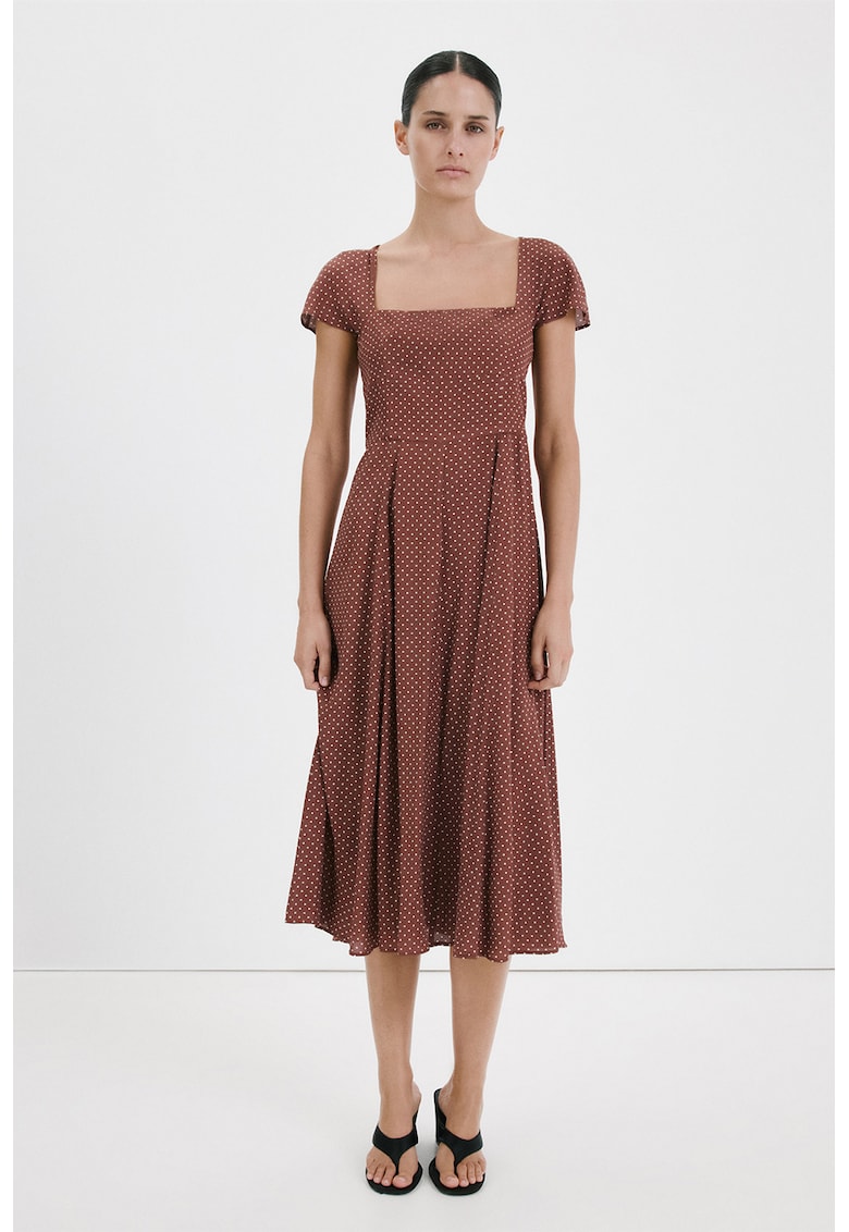 Rochie evazata cu model si decolteu patrat - Alb/Maro cognac