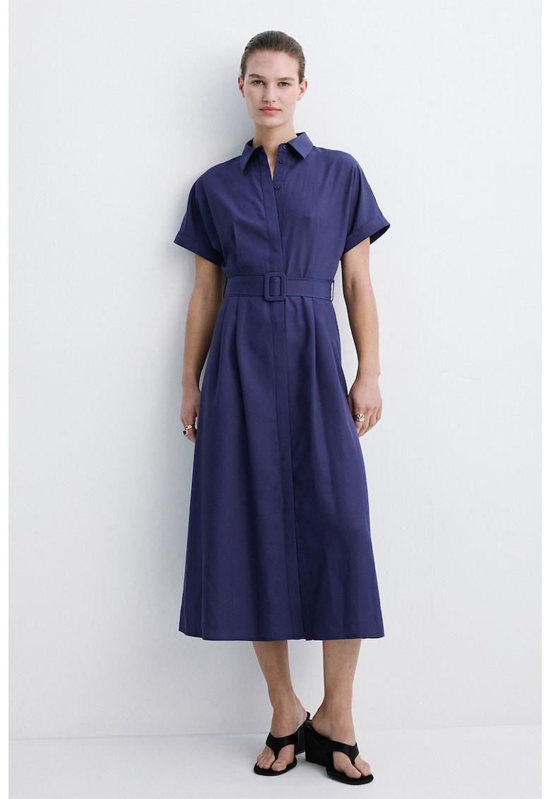 Rochie-camasa de in si lyocell cu o curea in talie - Bleumarin