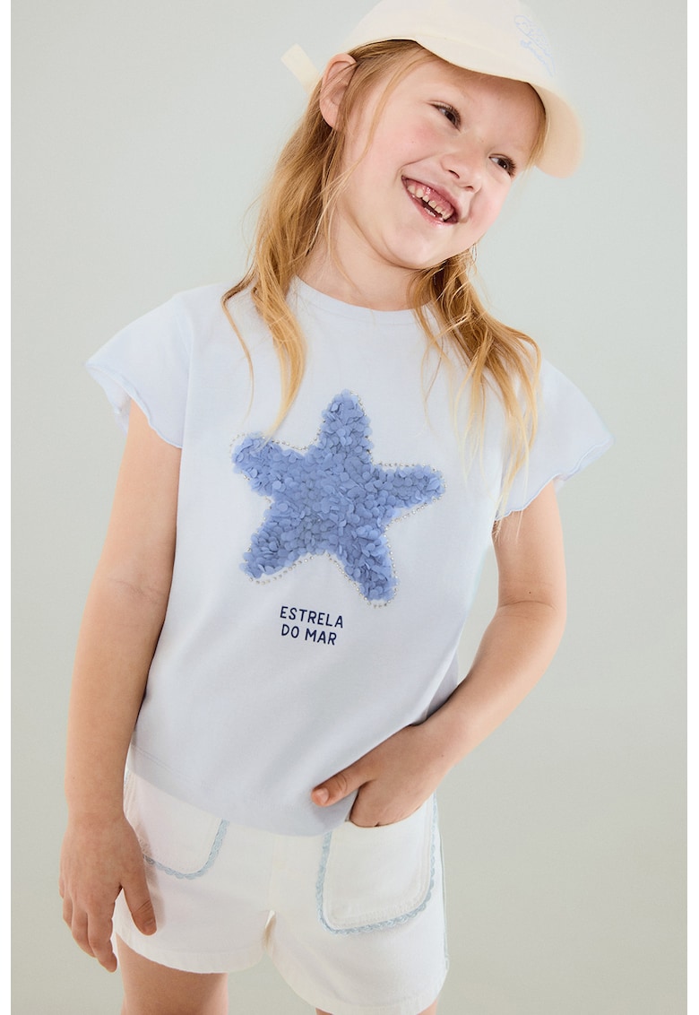 Tricou de bumbac cu stea - Alb/Albastru lavanda