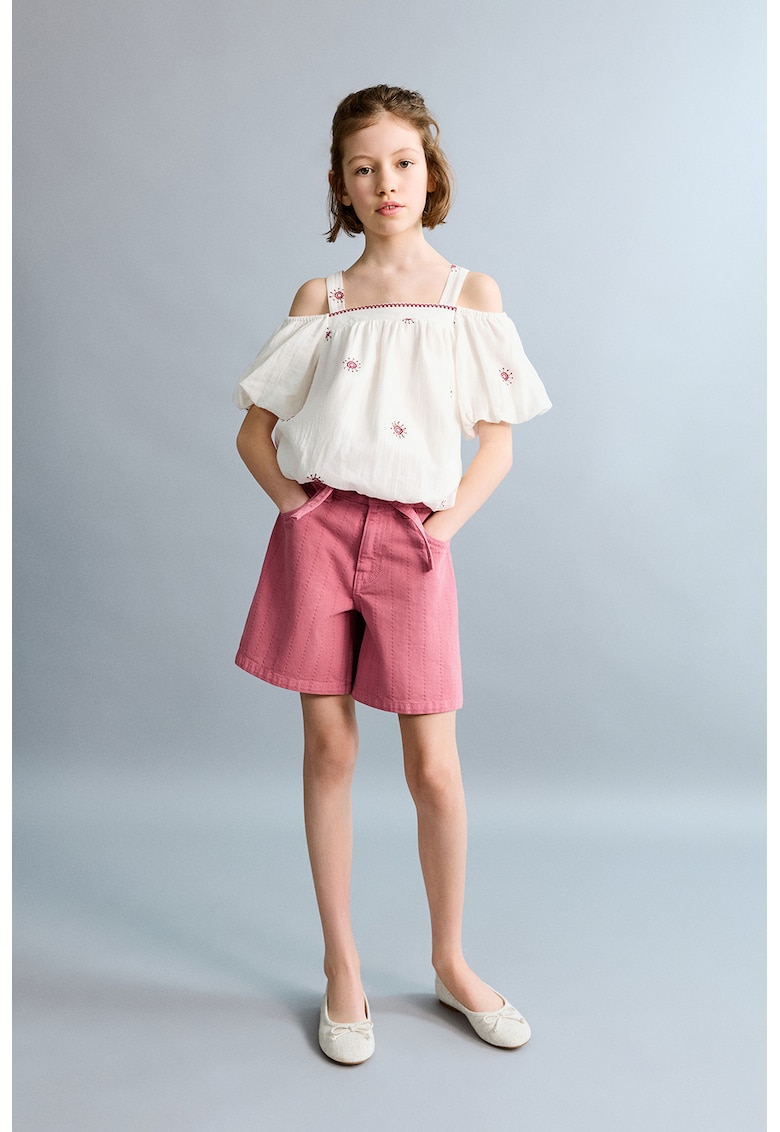 Pantaloni scurti din denim cu cusaturii decorative - Roz aprins